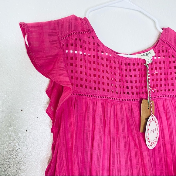 Umgee NEW Pink Lattice Plaid Flutter Sleeve Boho Flare Top Small - Picture 3 of 8